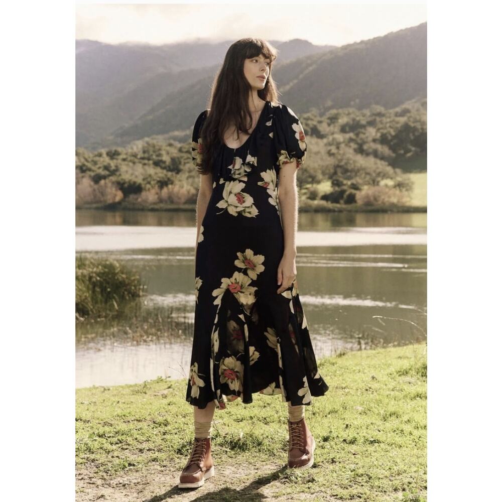 THE GREAT Medley Midi Dress in Navy Floral Print